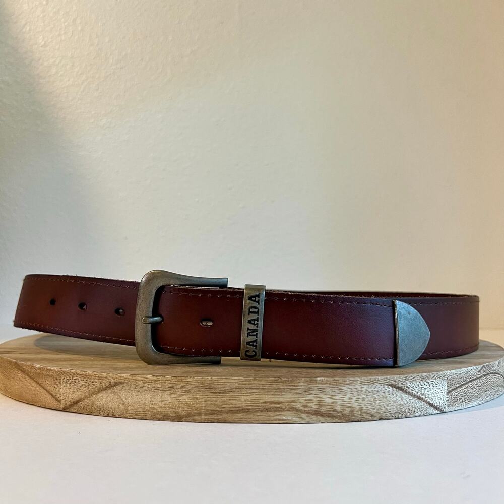 Brown Genuine Leather CANADA Embellished Silver Tip Belt Unisex Size Large - Picture 9 of 9